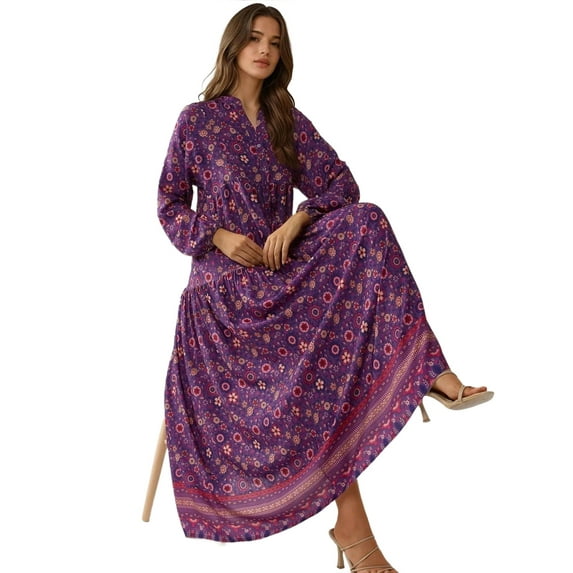 Printed V-Neck Maxi Dress with Buttons