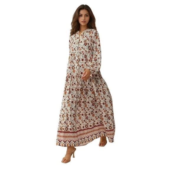 Printed V-Neck Maxi Dress with Buttons