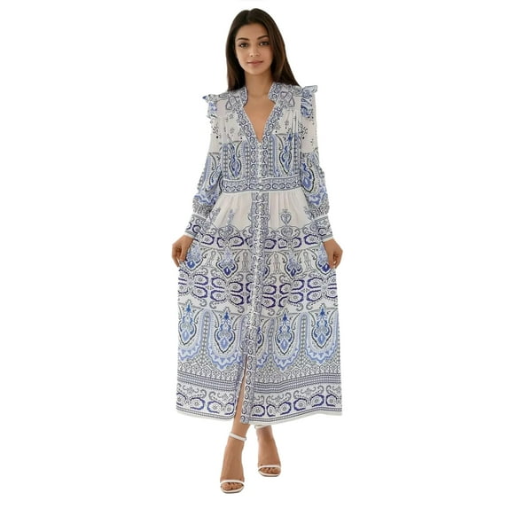Printed V-Neck Maxi Dress with Ruffle Detail