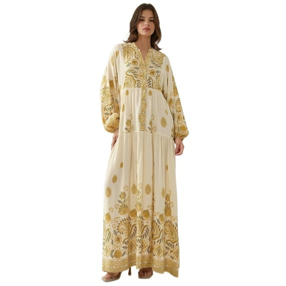 Printed V-neck Maxi Dress with Button Detail