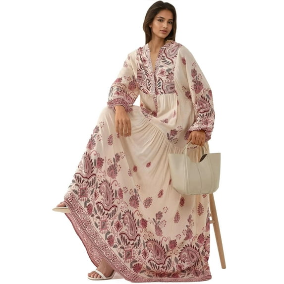 Printed V-neck Maxi Dress with Button Detail