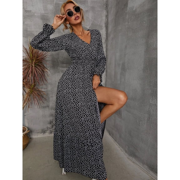 Printed V-neck long sleeved dress