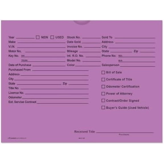 Printed Vehicle Deal Envelopes 9x12 Deal Jackets (100 Shrink Wrapped) (Lavender)$$Office