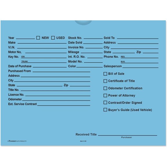 Printed Vehicle Deal Envelopes 9x12 Deal Jackets (100 shrink wrapped) (Blue)