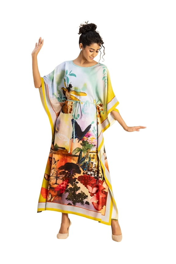 Printed Viscose Rayon Short Sleeve Kaftan - Round Neck, Relaxed Fit Vacation Wear