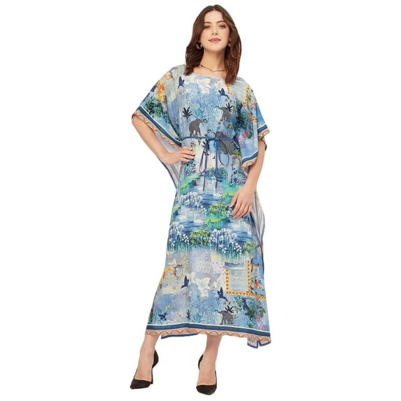 Printed Viscose Rayon Short Sleeve Kaftan - Round Neck, Relaxed Fit Vacation Wear
