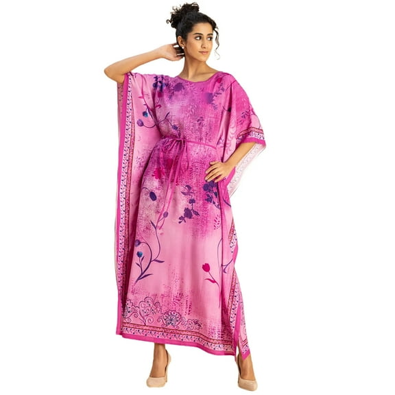 Printed Viscose Rayon Short Sleeve Kaftan - Round Neck, Relaxed Fit Vacation Wear