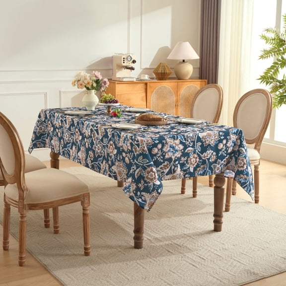 Printed Waterproof Fabric Tablecloths, Easy Care Dining Table Covers, 52x70 - Jacobean Navy