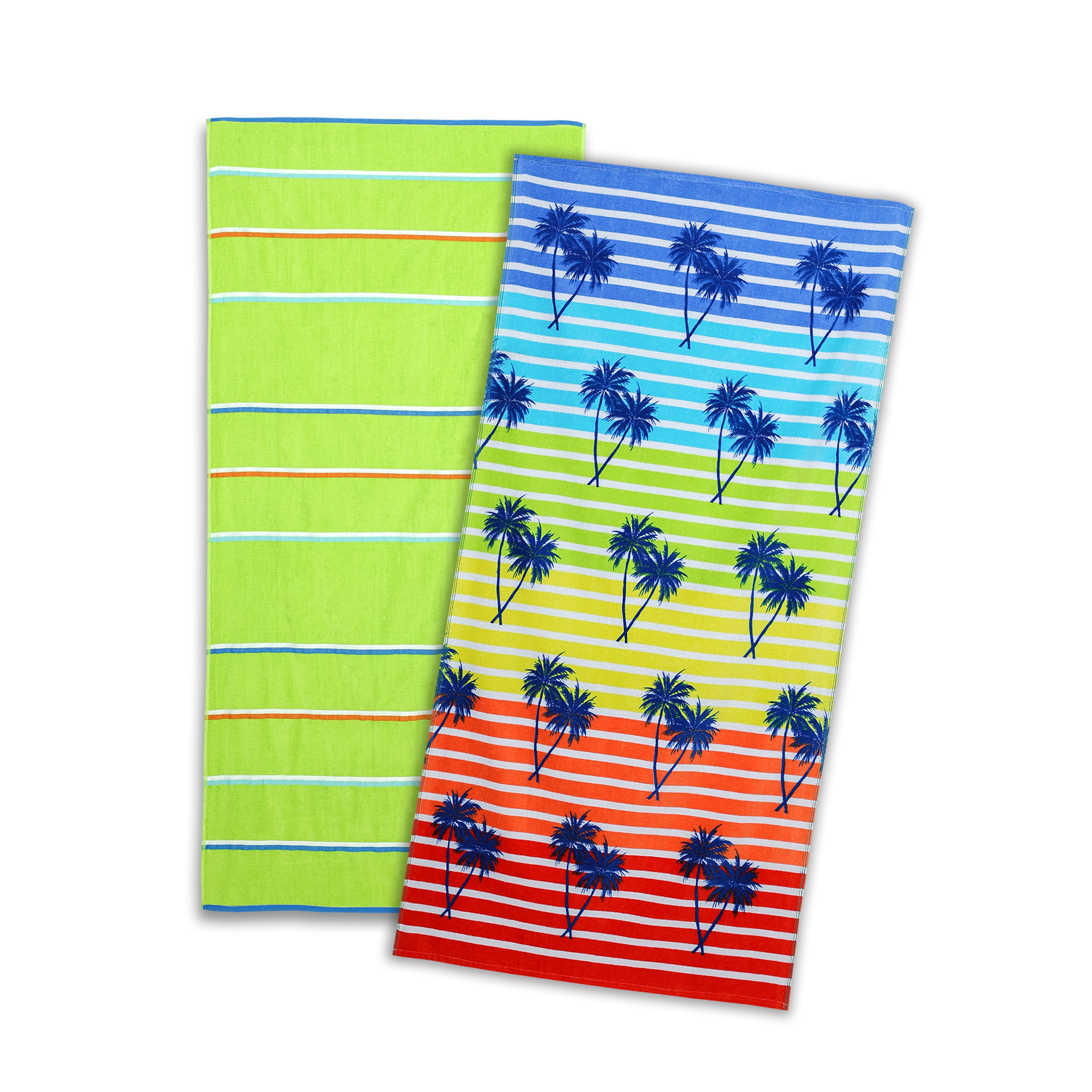 Printed Palm Rainbow Beach Towels, Weft Insert Design, Soft Cotton, 2 Pack, 30 x 60 inches