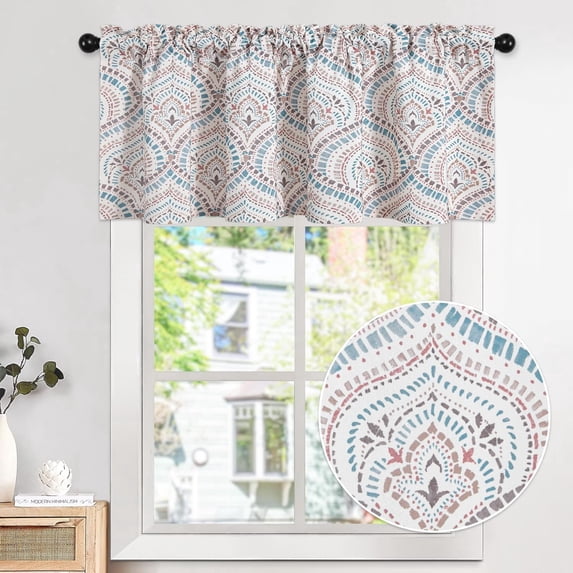 Printed Window Kitchen Valance, Linen Texture Retro Style Small Curtain Rod Pocket Valance for Bedroom Bathroom, 52 X 18 Inch, One Panel, Semi-Blackout