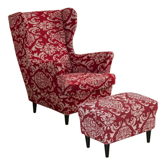 Printed Wing Chair Covers Bundles Ottoman Slipcovers,Stretch Wingback Chair Slipcover Rectangle Ottoman Stool Cover For Bedroom Wingback Chair-Q-Set of 2