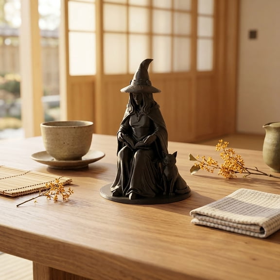 Printed Witch with Cat Figurine - Plastic Reading Witch Sculpture, 3.82in for Desk, Shelf, and Halloween Decor