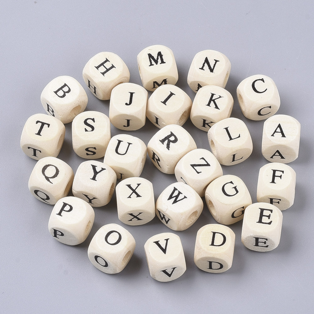 Printed Wood Beads Horizontal Hole Cube with Initial Letter PapayaWhip Letter 10x10x10mm Hole: 3.5mm 950~1000pcs/500g