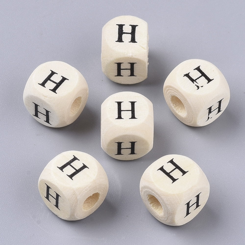 Printed Wood Beads Horizontal Hole Cube with Initial Letter PapayaWhip Letter H 10x10x10mm Hole: 3.5mm 950~1000pcs/500g