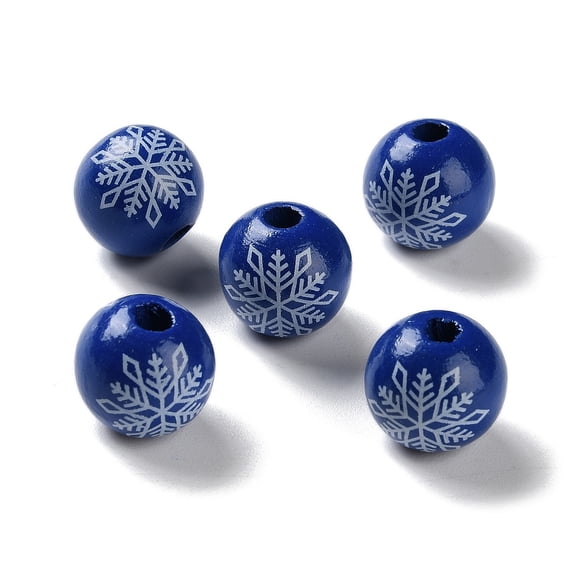 Printed Wood European Beads Round with Snowflake Dark Blue 16x15mm Hole: 4mm Wood