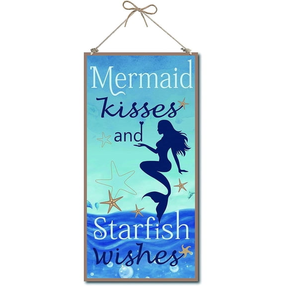 Printed Wood Hanging Wall Decorations for Front Door Home Decoration with Jute Twine Rectangle with Word Light Blue 30x15x0.5cm Rope: 40cm