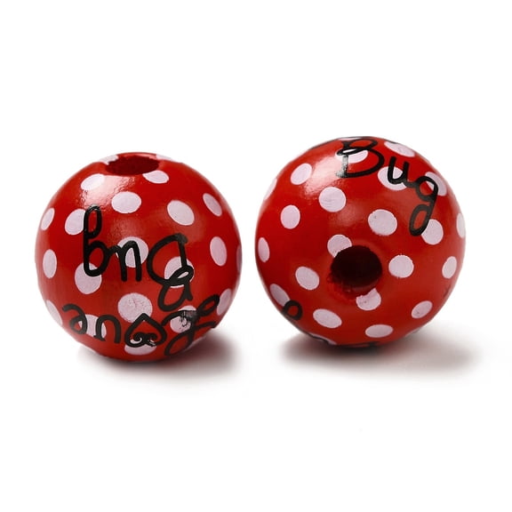Printed Wood Round Beads Red & Black Love Bug Word 15.5~16x14.5~15mm Hole: 3.5~5mm