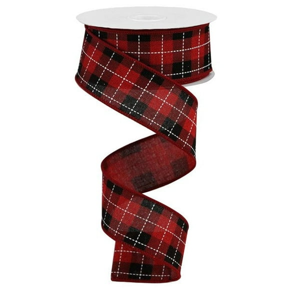 Printed Woven Check Wired Edge Ribbon - 1.5 Inch x 10 Yards (Red, Black, White)