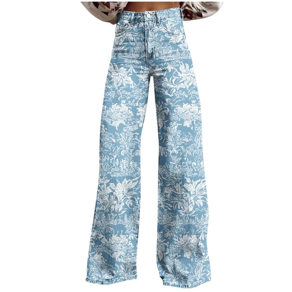 Printed Zipper Button Pockets Pants For Women Casual Fashion Denim Style