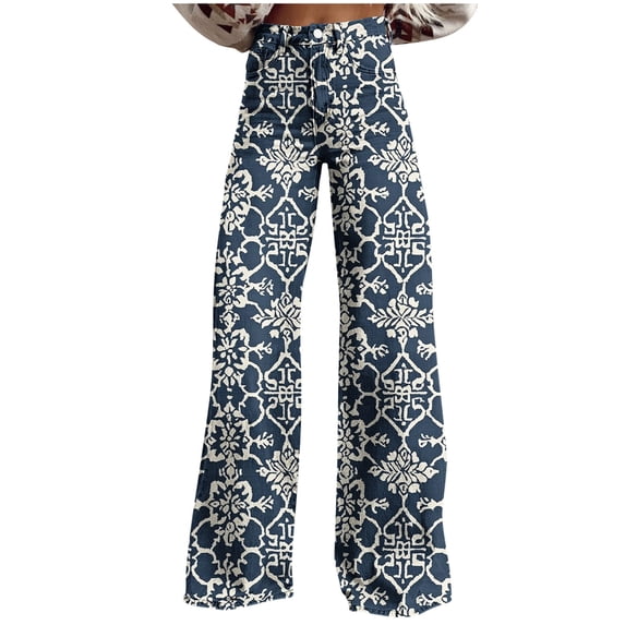 Printed Zipper Button Pockets Pants For Women Casual Fashion Denim Style