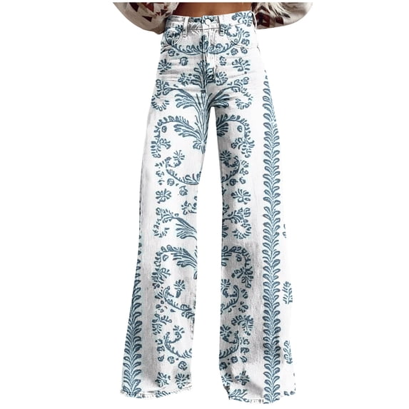 Printed Zipper Button Pockets Pants For Women Casual Fashion Denim Style