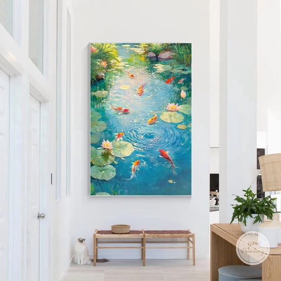 Printed artwork featuring Koi fish and lotus flowers: A feng shui wall art piece with a structured design. 8x12 UNFRAMED