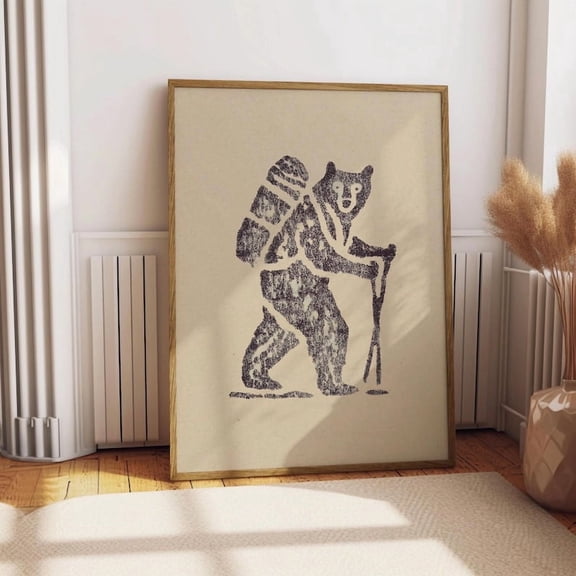 Printed artwork, hiking bear painting, funny climbing bear art, minimalist camping illustration, outdoor adventure themed wall decor. 8x12 UNFRAMED