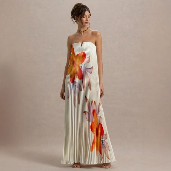 Printed strapless loose-fitting heavy-duty pleated long dress for women
