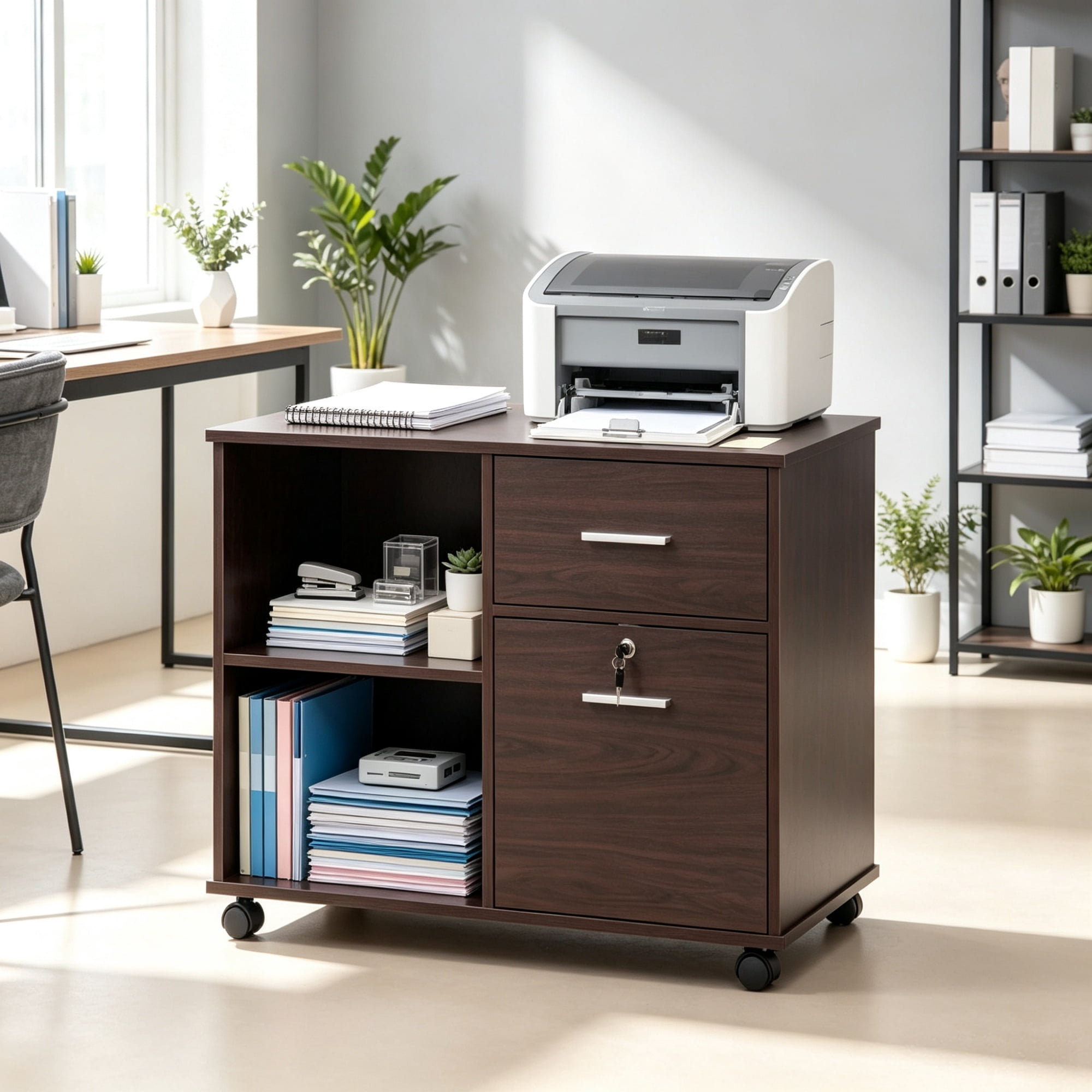 Printer Cabinet with Lockable Drawer and Rolling Casters for Office