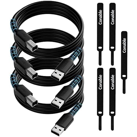 Printer Cable 2FT (3-Pack), USB 2.0 USB-A to USB-B Cord, Compatible with HP, Canon, Epson, DAC, Dell, Brother, Brother, Lexmark, Xerox, Samsung, Piano, MIDI, External Hard Drive, Camera, with 5 Ties