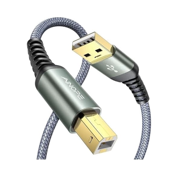 Printer Cable USB A to USB B Priner Cable High-Speed Nylon Braided USB 2.0 MIDI Cable, Printer Cord to Computer for HP, Canon, Brother, Dell, Epson, Lexmark, Xerox, 6.6ft/Grey