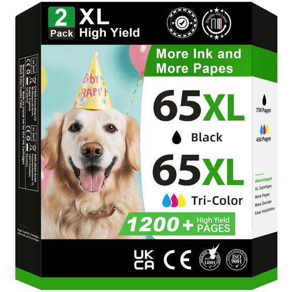 Printer Ink 65XL Ink Cartridge Compatible for HP 65 Black and Color for DeskJet 3752 2655 for Envy 5055 5010 (2-Pack)