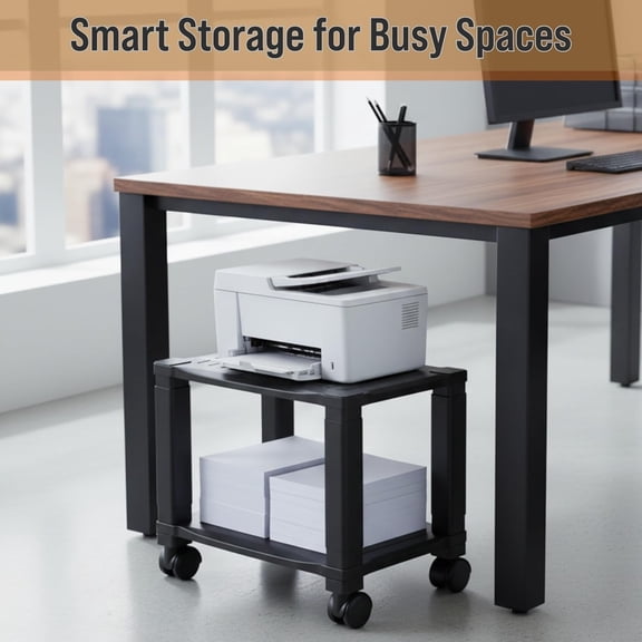 Printer Stand-2-Tier Under Desk Table for Fax, Scanner, Printer, Office Supplies-Compact and Mobile with Wheels for Portable Storage