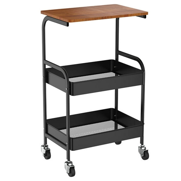 Printer Stand with 3 Storage Shelves and Wheels, 3 Tier Metal Frame Wood Top Laptop Table Storage Trolley Cart for Office Home 16.9*11.8*29.21in Black Brown