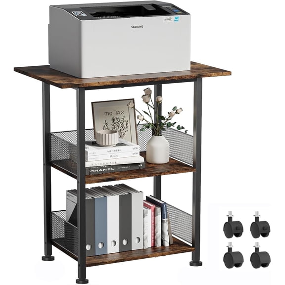 BOHDK Printer Stand, 3-Tier Industrial Large Printer Table with Shelf, 23"x15" Mobile Heavy Duty Storage Rack on Wheels for Home Office