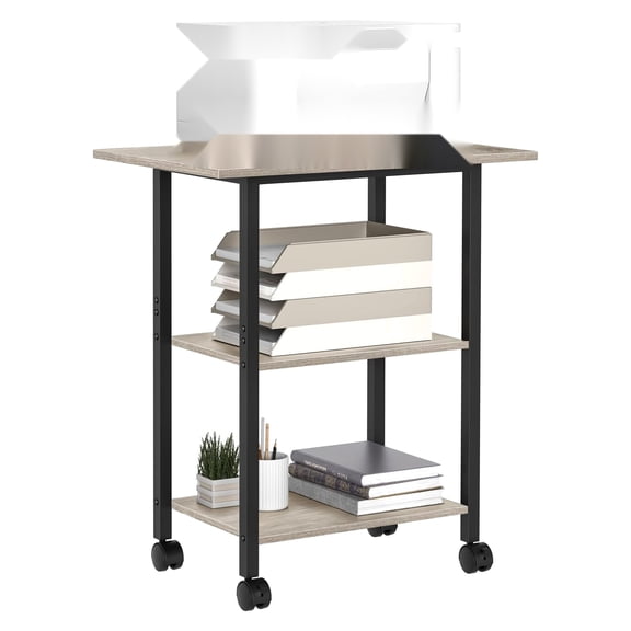 Printer Stand,3-Tier Industrial Mobile Table,Storage Shelf,Steel Frame,Rolling Cart with Lockable Wheels,Home Office,Oak