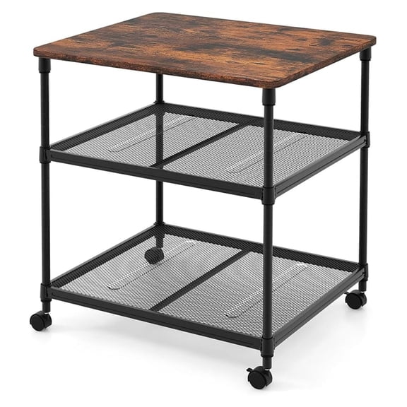 Printer Stand, 3-Tier Industrial Printer Cart with Lockable Wheels, Adjustable Shelves, Metal Frame, Mobile Under Desk Shelf for Home Office, Printer Table Fit Fax Machine, Scanner (Brown)