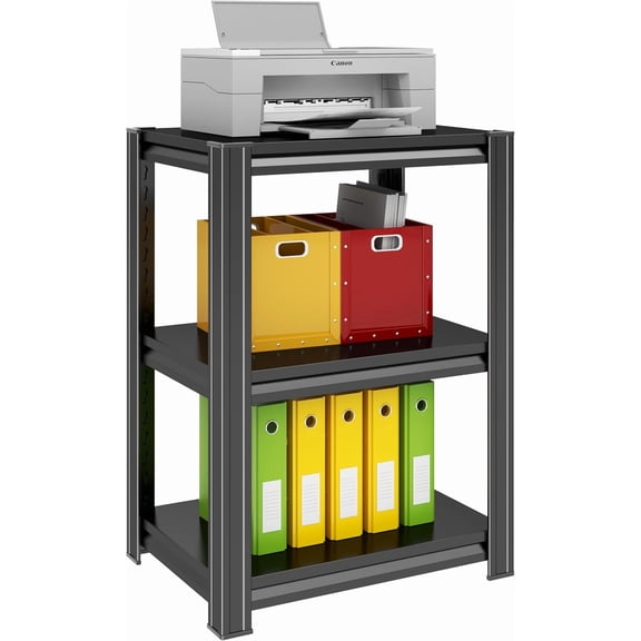 Printer Stand, 3-Tier Large Printer Table, Deskside Adjustable 1000lbs Office Steel Shelves with Storage for Home Office, Heat Press, Mini Fridge, (31.5" H X 19.7" W X 13.8" D), Black