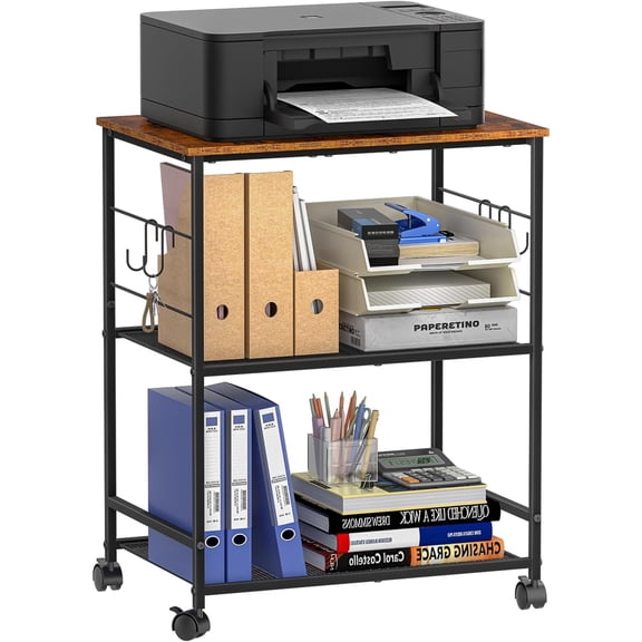 Printer Stand, 3Tier Printer Table with Wheels, Printer Cart with Storage Shelf, Printer Desk for Home Office Fax Machine Scanner, Rolling Cart for Kitchen, Laundry, Balcony, Living Room