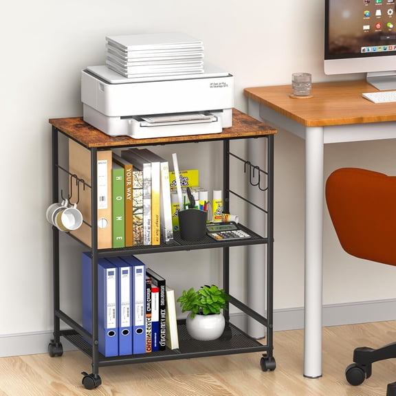 Printer Stand, 3Tier Printer Table with Wheels, Printer Cart with Storage Shelf, Printer Desk for Home Office Fax Machine Scanner, Rolling Cart for Kitchen, Laundry, Balcony, Living Room