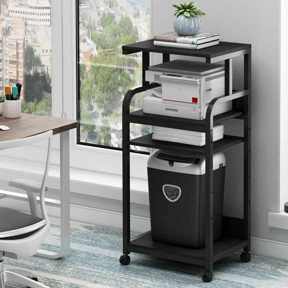 Printer Stand With Adjustable Shelf 4 Tier Large Tall Table Wheels For Home Office Storage And Organization Rolling Cart Computer Tower Cpu Shredder Black