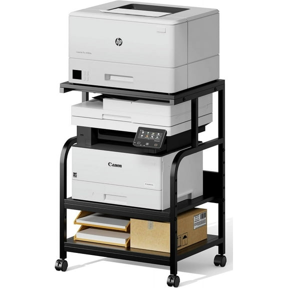 Printer Stand with Adjustable Storage Shelf - 20x16 inches Large Printer Table with Wheels - 3 Tier Rolling Printer Cart - Use for 3D Printer Laser Printer Mini Fridge Home Office (Black)