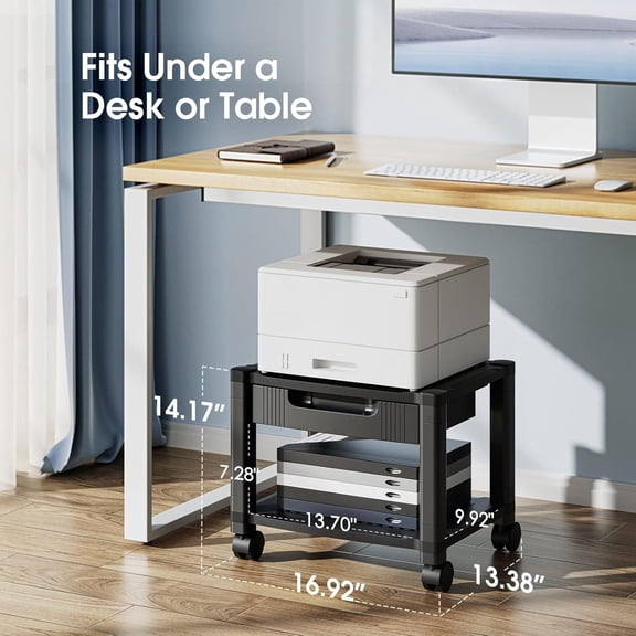 Printer Stand with Cable Management and Storage Drawer, Printer Table with Locking Wheels, 14.1-inch Maximum Height Printer Cart for Under Desk, Home, Office
