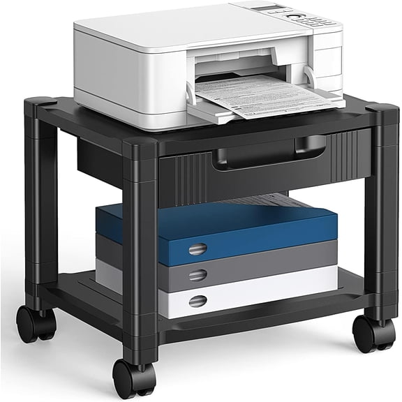 Printer Stand with Cable Management and Storage Drawer, Printer Table with Locking Wheels, 14.1-inch Maximum Height Printer Cart for Under Desk, Home, Office