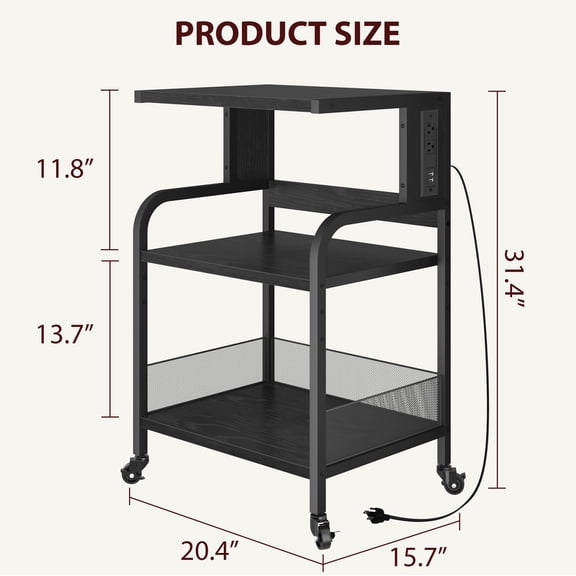 Printer Stand with Charging Station, Large Printer Table with Adjustable Storage Shelf, 3 Tier Office Rolling Printer Stand with Wheels for Home Office, Fax Machines, Scanners