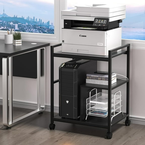 Printer Stand with Charging Station and USB Ports, Large 3-Tier Mobile Printer Table with Storage Shelf, White Rolling Industrial Printer Cart with Lockable Wheels for Home Office