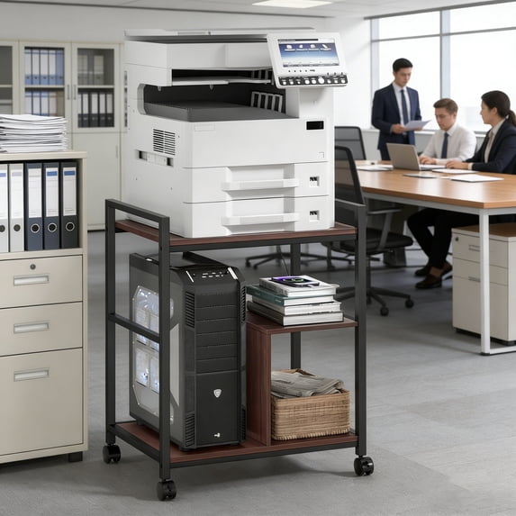 Leyaoyao Printer Stand for Desk with Charging Station, 3 Tier Desktop Shelf, Walnut Desk Organizer for Home Office, Fit Fax Machine/3D Printer/Scanner
