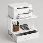 Printer Stand for Desk, Printer Table with Fabric Storage Drawer, 2 Tier Desktop Shelf, Multi-Purpose Desk Organizer for Home Office, 3D Printer, Fax Machine, Scanner, Marble White