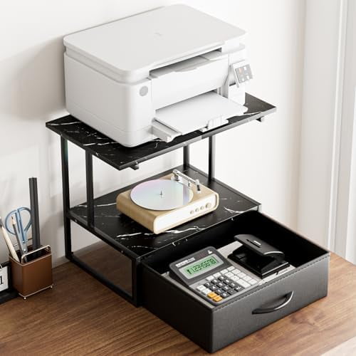 Printer Stand for Desk, Printer Table with Fabric Storage Drawer, 2 Tier Desktop Shelf, Multi-Purpose Desk Organizer for Home Office, 3D Printer, Fax Machine, Scanner, Marble Black