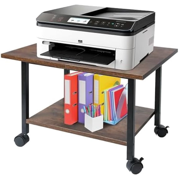 Printer Stand, Under Desk Printer Table with Wheels, 2 Tier Industrial Mobile Printer Table with Storage Shelf, Rolling Printers Cart Holder for Home, Office, Rustic Brown and Black
